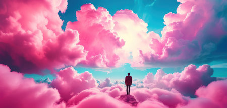 Man standing on the top of the mountain and looking at the skyの素材