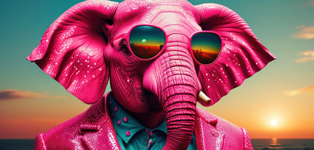 Pink elephant with sunglasses on his head. 3D Rendering.の素材
