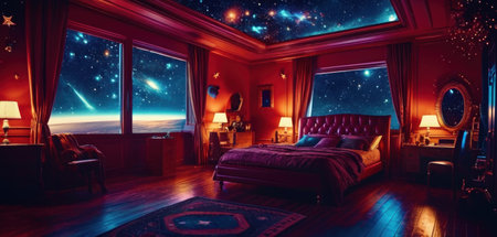 3d rendering of a bedroom with a view of the night skyの素材