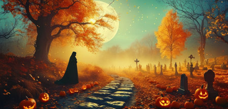 Halloween background with a witch and pumpkins. 3d renderingの素材