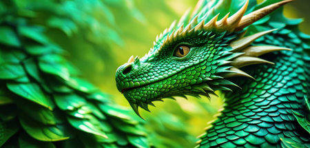 Green dragon head on green background, close-up, macro.の素材