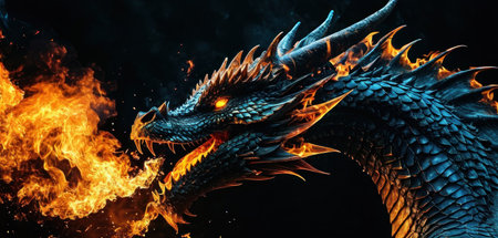Dragon with fire flames on a black background. 3d rendering.の素材