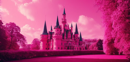 Fairytale castle in the park. Pink and purple colors.の素材