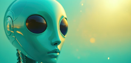 3d rendering of a female robot looking at camera on green backgroundの素材