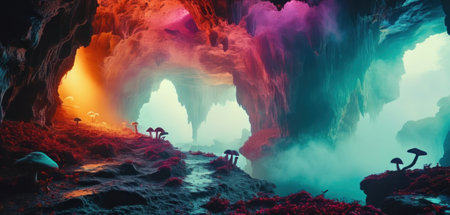 Fantasy alien planet. Mountain and cave. 3D illustration.の素材
