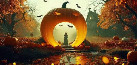 Halloween pumpkin lantern in the autumn forest. 3d render illustrationの素材