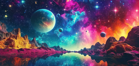 Fantasy alien planet in deep space. 3D illustration. Fantasy colorful background.の素材