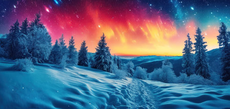 Fantastic winter landscape. Dramatic sky with glowing stars.の素材