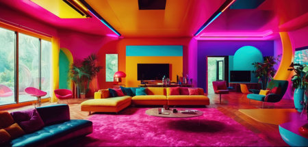 Interior of modern living room with bright colorful walls, carpet and sofaの素材