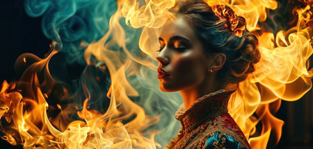 Beautiful woman in medieval era dress with red lips in the fire.の素材