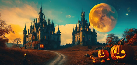 Halloween background with haunted castle and full moon. 3d renderingの素材
