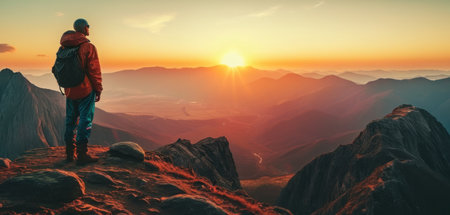 Hiker with backpack standing on the top of the mountain and looking at the sunriseの素材