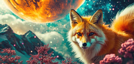 Red fox in front of the full moon. Fantasy fractal illustration.の素材