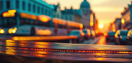 Empty wooden table with bokeh lights on the background of the city.の素材