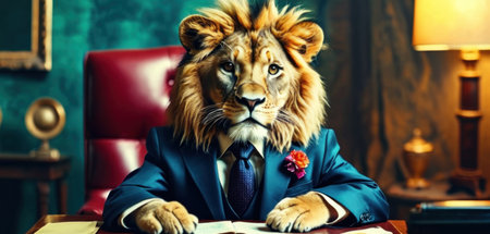 Lion in a suit and tie sits at the table and reads a book.の素材
