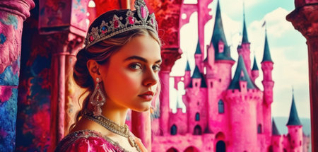 Beautiful girl in medieval era dress and crown posing in the castle.の素材