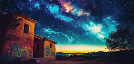 Night sky with stars and milky way over abandoned house. 3d renderingの素材