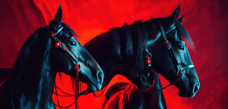 Two black horses in red light on a dark background. Portrait of a stallion.の素材