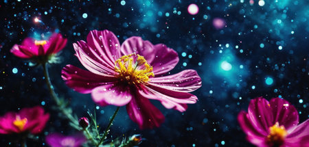 Cosmos flowers on a background of the night sky with stars.の素材