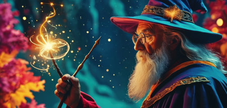 Old wizard with magic wand. Halloween concept. Colorful background.の素材