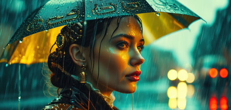 Beautiful asian woman in raincoat with umbrella at night.の素材