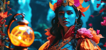 Fantasy portrait of a beautiful girl in a fantasy forest. Halloween.の素材