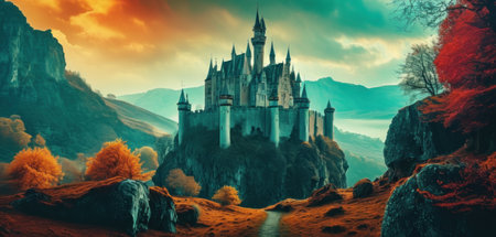 Fantasy landscape with fantasy castle. 3D illustration. 3D rendering.の素材