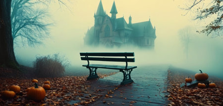 Halloween background with a park bench and a castle in the fogの素材
