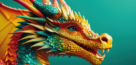Colorful dragon statue on a green background, close-up.の素材