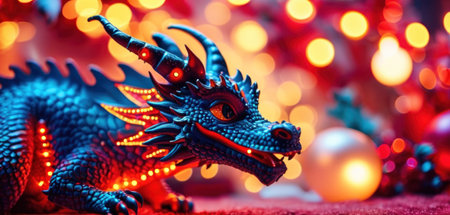 Christmas background with blue dragon toy on bokeh lights background.の素材