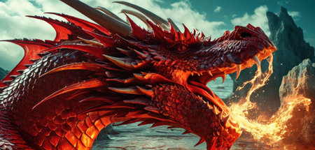 dragon in fire - 3d render of dragon in fire and flamesの素材