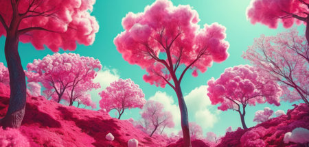 Beautiful pink trees in the meadow. 3D illustration.の素材