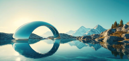 Mountain landscape reflected in a crystal ball. 3d render.の素材