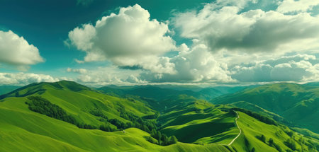 Beautiful panorama of green hills and blue sky with white cloudsの素材