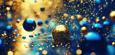 3d illustration of abstract background with golden spheres and water drops.の素材