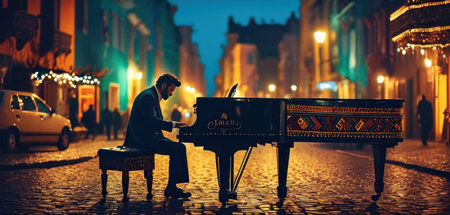 Street musician playing piano in the old town at night, Istanbul, Turke
yの素材