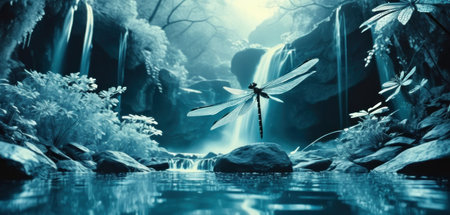 Dragonfly and waterfall in the forest. Beautiful nature scene with dragonfly.の素材