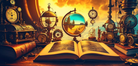 Vintage still life with books, compass, pocket watch and globe on the tableの素材