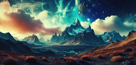 Fantasy alien planet. Mountain and lake. 3D illustration.の素材