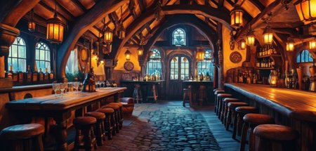 Interior of a pub with tables and chairs, illuminated by lampsの素材
