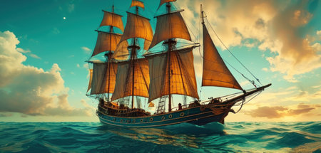 Sailing ship in the sea. 3d render. Vintage style.の素材