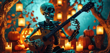 Halloween background with skeleton playing guitar. Halloween holiday concept. 3D Renderingの素材