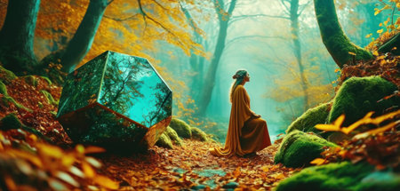 Mysterious woman in a long dress with a magic stone in the forestの素材