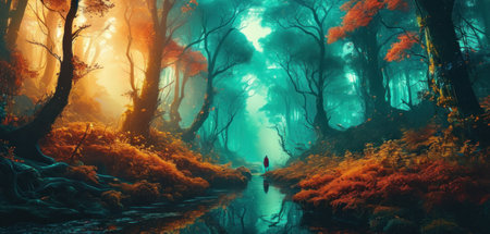 Fantasy forest with fog in the morning. 3D illustration.の素材