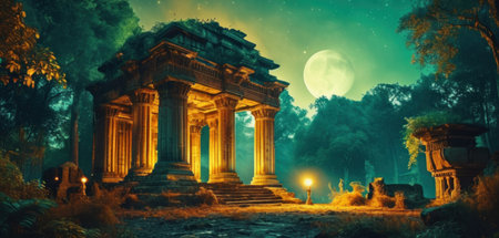 Ruins of ancient temple in the forest at night with full moonの素材