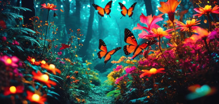 Colorful flowers in the forest with butterflies at night. Nature backgroundの素材