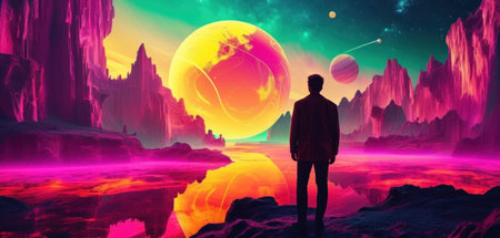Fantasy alien planet. 3D illustration of a man standing in front of a fantastic planet.の素材