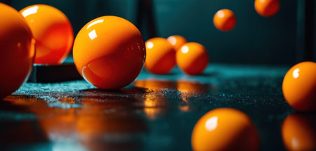Orange balls for billiards on a dark background with reflection.の素材