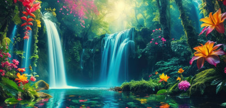 Panorama of beautiful waterfall in tropical rainforest with flowers and plants.の素材