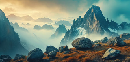 Mountain landscape with rocks and fog. Panoramic view.の素材